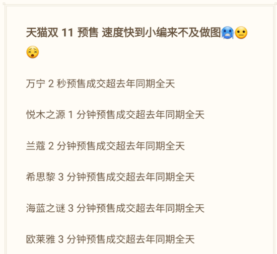 天猫双11完美日记预售40分超去年同期日成交