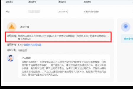 天猫商家注意！不当使用平台商业信息数据 要扣6分