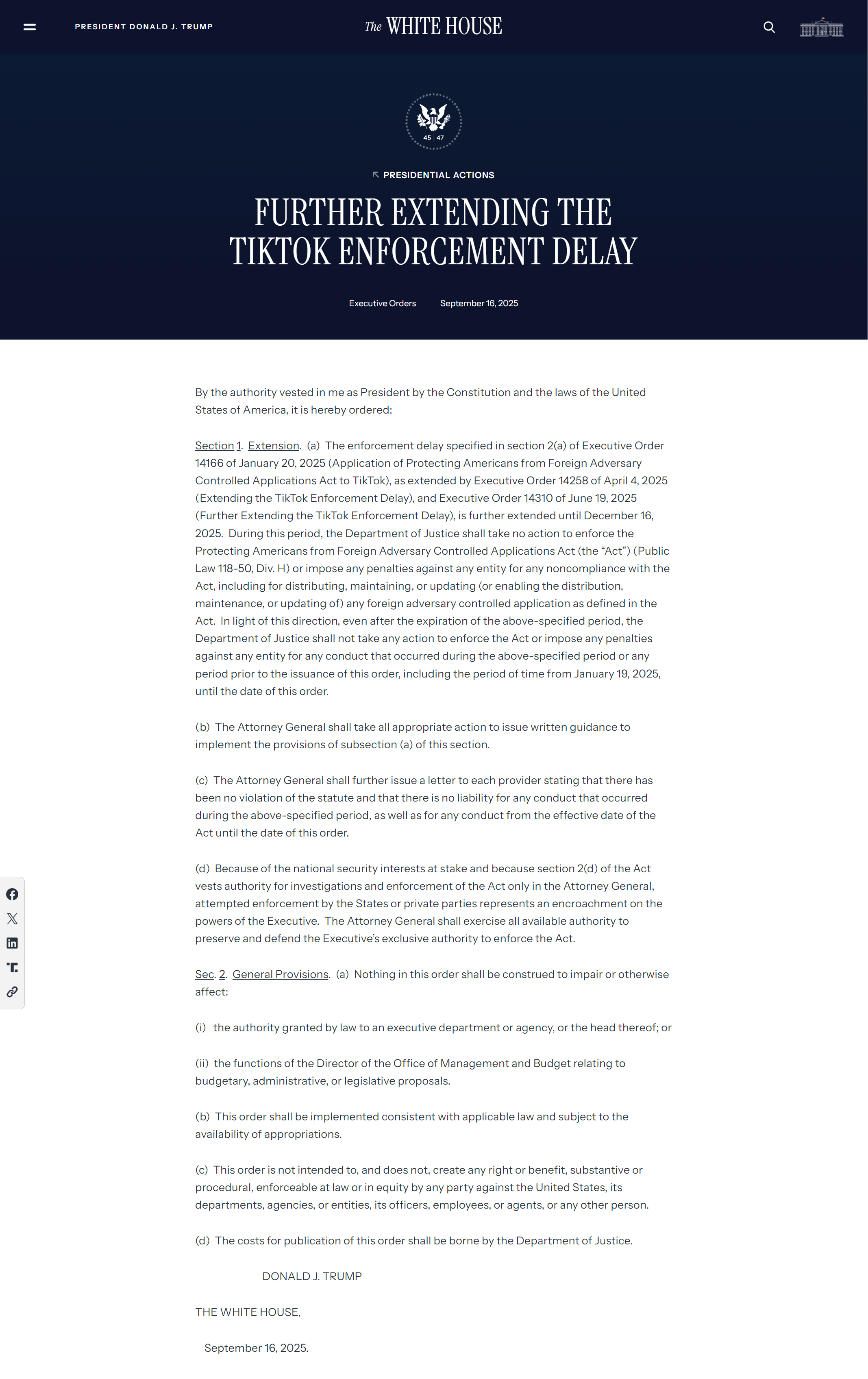 特朗普签署行政令再次延长TikTok禁令执行期至12月16日- 跨境电商- 亿邦动力