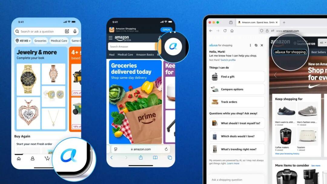 Amazon's Alexa for Shopping interface displayed across mobile and desktop devices